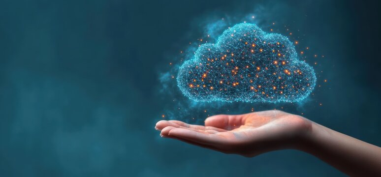 human hand holding a glowing digital cloud network hologram of blue mesh and orange nodes against a dark teal background, evoking futuristic wonder