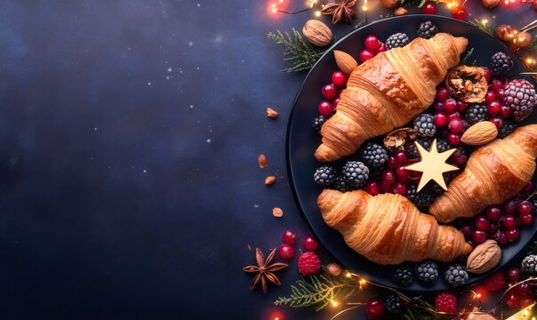Croissants, red and black berries, almonds, walnuts, and seasonal decorations creating a festive christmas breakfast spread