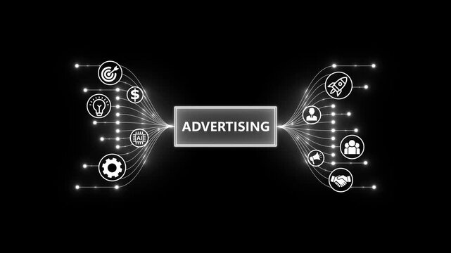 Digital advertising and marketing strategy for modern business growth. Optimization of business and production processes. Virtual network connecting service with graphical icons in various.
