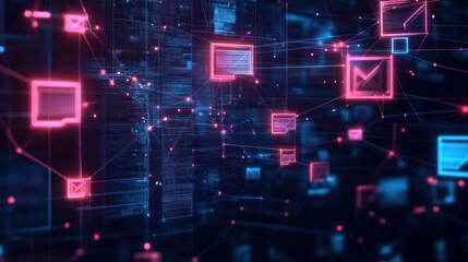 futuristic glowing network of pink and blue message and square nodes connected by neon lines over a dark server and code backdrop, conveying dynamic digital connectivity