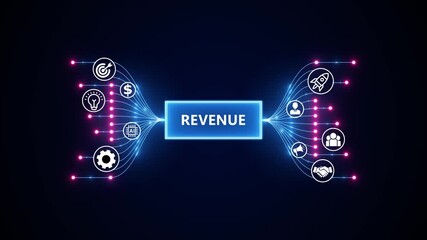 Futuristic digital animation showing business revenue growth. Optimization of business and production processes. Virtual network connecting service with graphical icons in various. - Powered by Adobe
