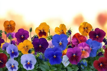 Cheerful close-up of multicolored pansy blossoms with green foliage and buds against a warm glowing bokeh background