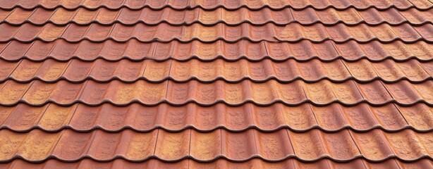 Weathered terracotta roof tiles in repeating wavy rows with warm textured orange and rust tones creating a soothing rhythmic pattern