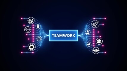 Futuristic digital animation illustrating teamwork. Optimization of business and production processes. Virtual network connecting service with graphical icons in various. - Powered by Adobe
