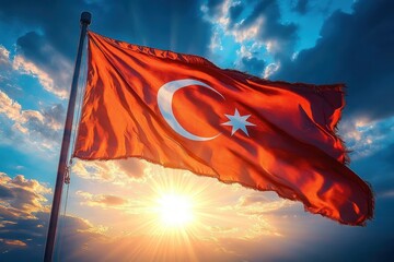 tattered red flag with white crescent and eight-pointed star waving against a dramatic sunset sky, proud and hopeful