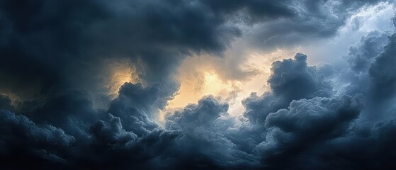 swirling dark storm clouds parting to reveal a glowing golden light, a dramatic moody sky evoking awe and impending weather