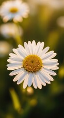 Fototapeta premium Close up photograph captures a single white and yellow blossom illuminated by soft sunlight