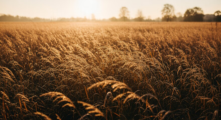 Late autumn meadow, dried grass waving, warm sunlight glow, gentle wind motion