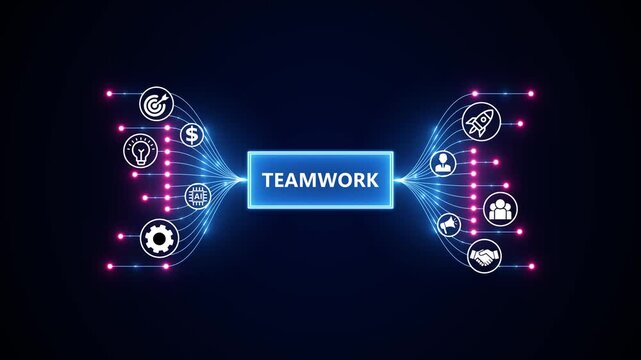 Futuristic digital animation illustrating teamwork. Optimization of business and production processes. Virtual network connecting service with graphical icons in various. - Powered by Adobe