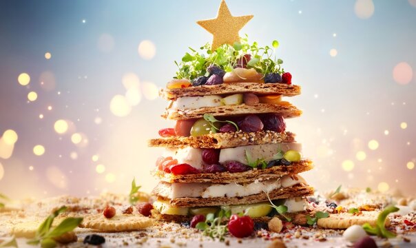 Festive holiday appetizer creating a christmas tree shape, made from crispy crackers, creamy cheese, fresh fruit, and microgreens - Powered by Adobe