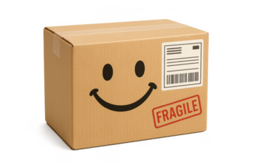Cardboard delivery box with happy smiley face and fragile label, representing cheerful shipping and customer satisfaction