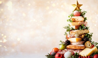 Christmas tree made with charcuterie board elements including cheese, salami, bread, and berries, celebrating holiday food