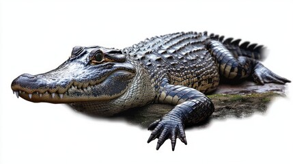 Obraz premium large alligator resting on a muddy bank with textured scales and a watchful, calm yet alert gaze