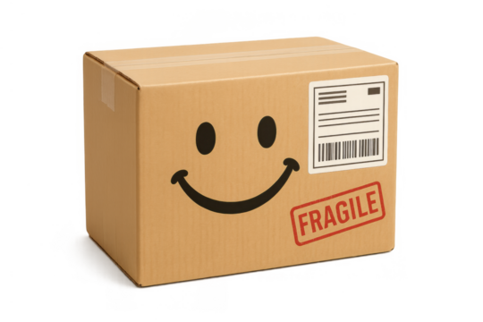 Cardboard delivery box with happy smiley face and fragile label, representing cheerful shipping and customer satisfaction