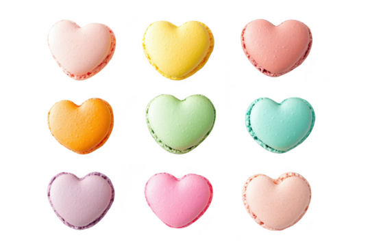 A arrangement of heart-shaped macarons in various pastel colors. beautifully displayed on a white background. perfect for celebrations. events. or dessert-themed promotions
