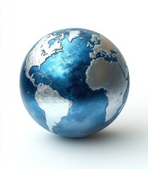 Fototapeta premium sleek metallic blue and silver globe showing north and south america, europe and africa on a clean white background, modern futuristic and calm mood