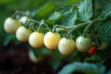 close-up of a cluster of pale green and yellow cherry tomatoes on a leafy vine, early ripening and fresh serene garden growth