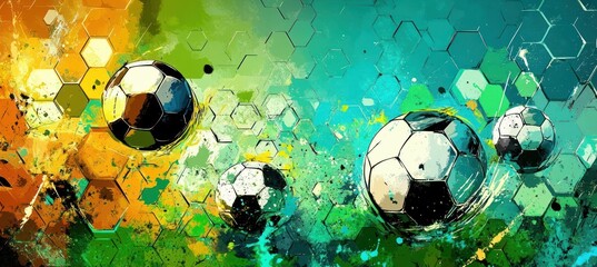 dynamic soccer balls bursting through vibrant hexagonal paint splashes conveying motion, energy and excitement in a teal green orange abstract background
