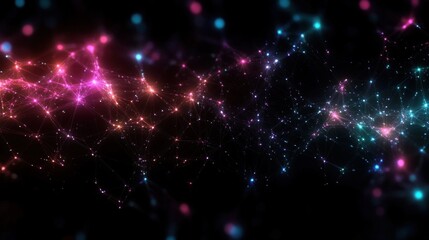 glowing multicolored network of interconnected nodes and lines on a dark background evoking wonder and futuristic mystery