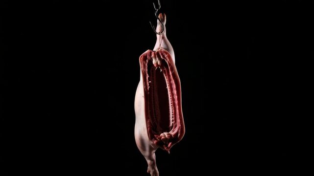 A whole raw pig carcass hanging from a metal hook rotates in three stages. Food industry concept showing meat processing and butchery preparation before market distribution