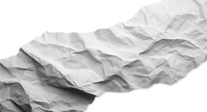 torn crumpled sheet of white paper with deep creases and sharp shadows on a stark white background conveying a raw, tactile, distressed mood