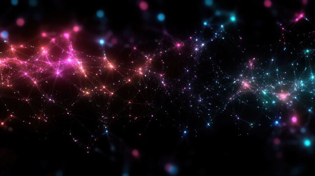 glowing multicolored network of interconnected nodes and lines on a dark background evoking wonder and futuristic mystery