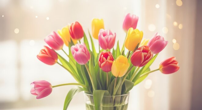 Vibrant multicolored springtime tulips are arranged aesthetically within a clear glass vase indoors