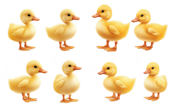 A lively group of adorable yellow ducklings standing in various poses. their fluffy feathers and bright orange beaks. with a clean white background ideal for childrens illustrations