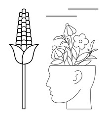 Silhouette of human head filled with blossoming flowers, paired with a corn plant. Ideal for growth, creativity, nature, mindfulness, sustainability, agriculture, health simple flat metaphor