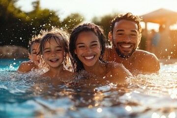 Three people enjoying a sunset swim together in a sparkling pool with playful splashes and warm golden light