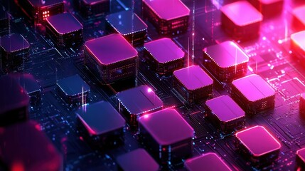 close-up of glowing stacked microchips on a circuit board bathed in neon pink and purple light, futuristic high-tech atmosphere and dynamic digital energy