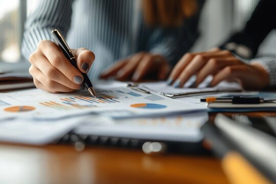 Close-up of two people analyzing colorful charts and graphs on documents with a pen, conveying focused collaborative analysis and teamwork