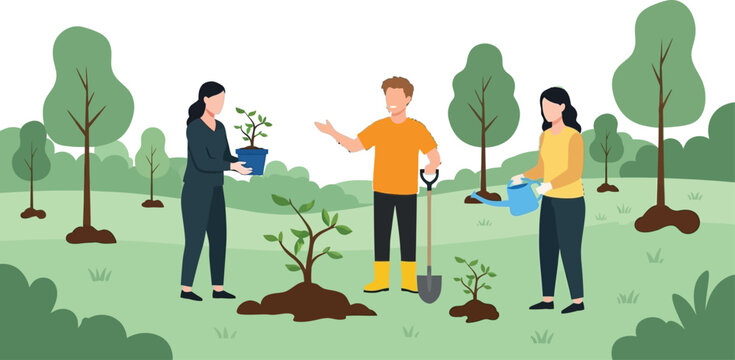 Team planting trees for a greener future, fostering environmental responsibility and sustainable growth with collaborative spirit outdoors in nature