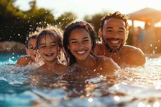 Three people enjoying a sunset swim together in a sparkling pool with playful splashes and warm golden light - Powered by Adobe