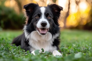 happy black and white border collie lying in green grass with warm golden hour bokeh background, smiling and alert