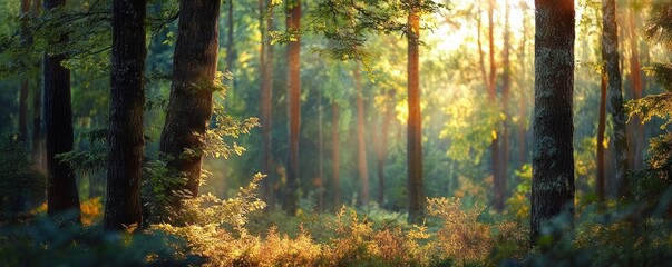 Sunlit forest clearing with tall tree trunks, golden sunbeams filtering through green foliage and mossy undergrowth, creating a tranquil warm morning atmosphere