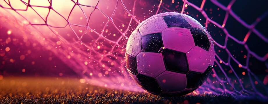 Wet soccer ball caught in goal net on grassy field with vibrant pink and purple glow, water droplets and dynamic motion conveying exhilaration and victory