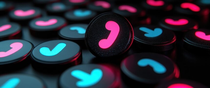 Close-up of scattered glossy black round tokens with glowing pink and blue telephone handset icons, one upright, neon-lit dark scene conveying sleek futuristic playful energy