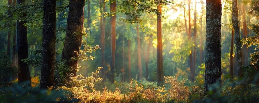 Sunlit forest clearing with tall tree trunks, golden sunbeams filtering through green foliage and mossy undergrowth, creating a tranquil warm morning atmosphere