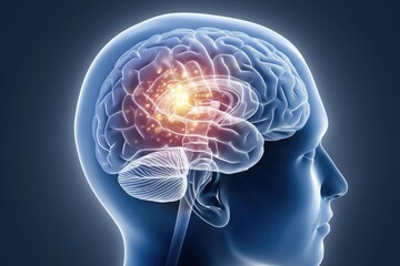 detailed human brain illustration with glowing red and yellow pain points on dark blue background for medical and scientific visualization