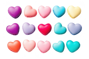 A assortment of heart-shaped macarons in various colors. arranged neatly on a white background. perfect for celebrations. events. or as a sweet treat for loved ones