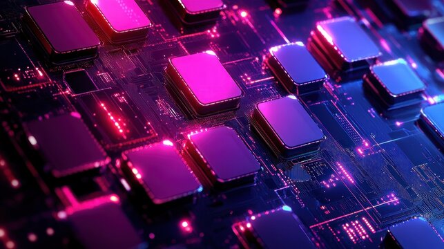 close-up of glowing microchips on a neon-lit circuit board, futuristic and pulsating with energy