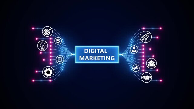 Digital marketing, advertising, and online business promotion concept. Optimization of business and production processes. Virtual network connecting service with graphical icons in various.