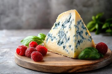 Rustic gourmet still life of a triangular wedge of blue cheese on a wooden board with fresh raspberries and basil leaves, inviting and indulgent
