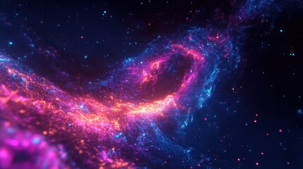 Vibrant swirling nebula ribbon of glowing pink, purple and blue stars and cosmic dust in deep space, evoking awe and serene wonder