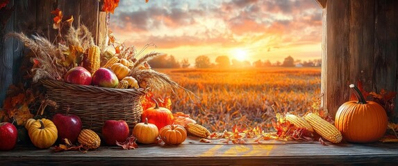 rustic wooden barn opening framing a golden sunset over a harvested field with a wicker basket of apples, corn cobs, pumpkins, gourds, dried wheat and autumn leaves, evoking warm cozy abundance