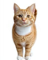Obraz premium orange tabby cat standing facing camera with white chest and paws, upright ears and tail, curious attentive posture