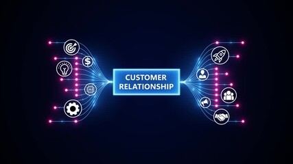 Customer relationship, loyalty, and engagement in modern business. Optimization of business and production processes. Virtual network connecting service with graphical icons in various.