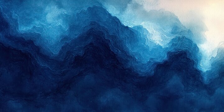 Layered deep blue and teal abstract waves and mountain-like contours with watercolor texture and soft mist, conveying calm, moody, contemplative atmosphere