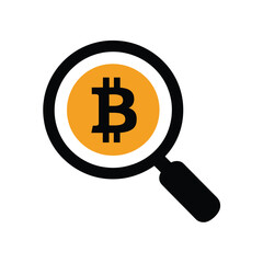 Magnifying glass examining a bitcoin symbol
